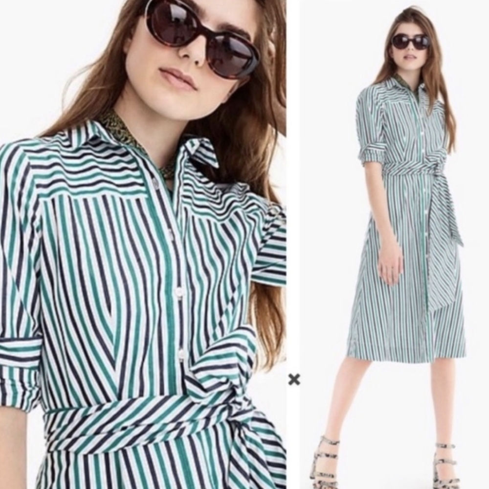 J. Crew Tie Waist Shirt Dress Stripes in Navy Alpine Women's Size 8 Midi